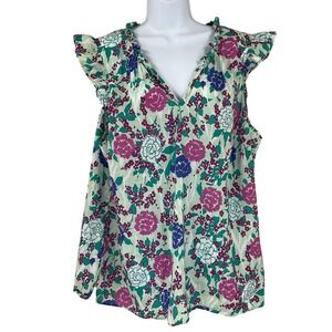 Talbots Plus Floral V Neck Ruffle Sleeve Top Light Green Multi Color Sz 3X